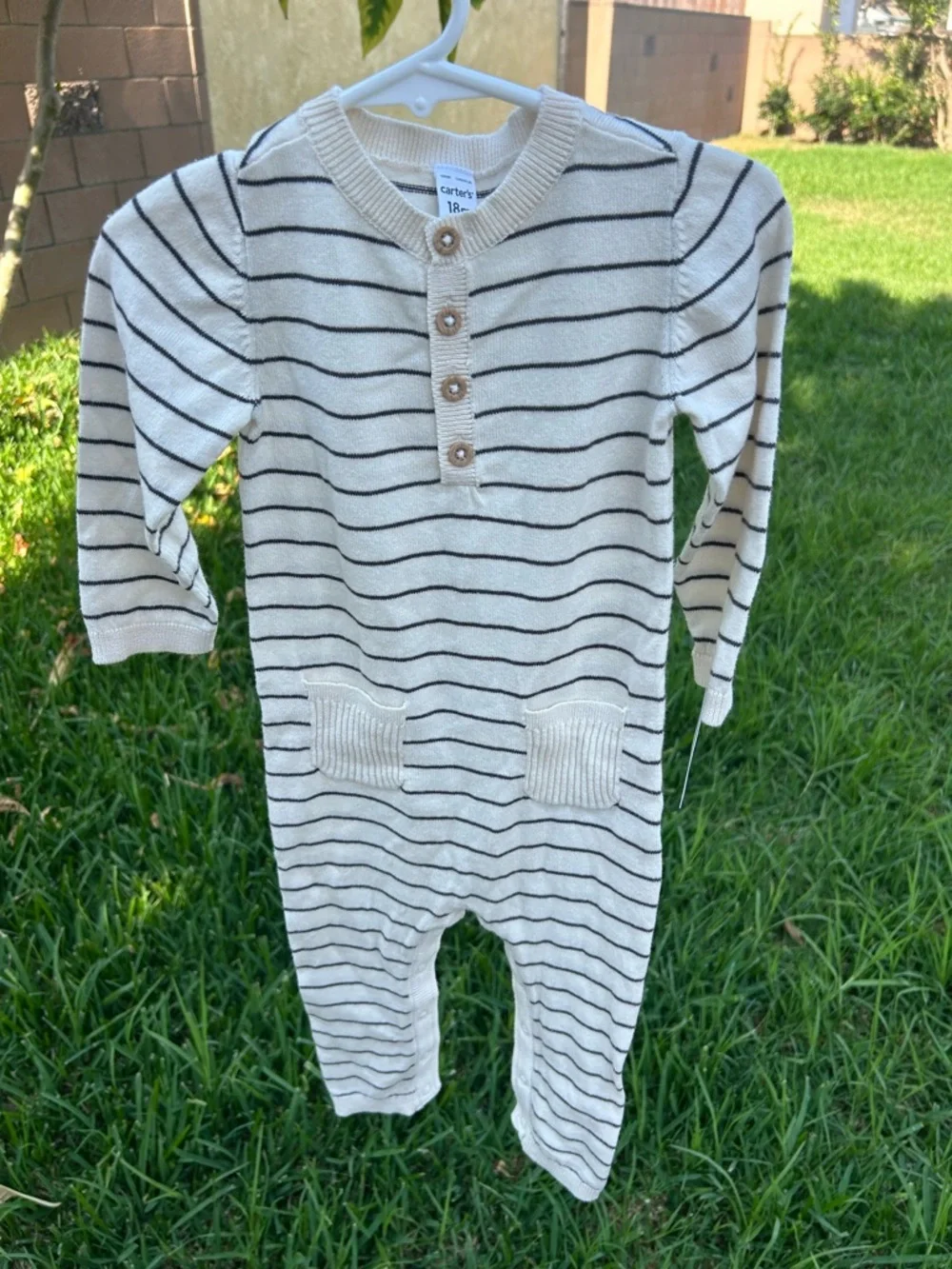 Carter's Cream and Black Striped Knit Romper